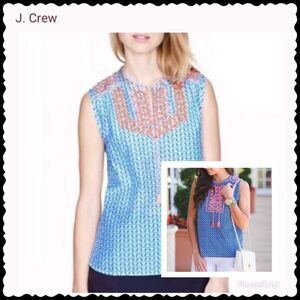 J. Crew Embroidered Tassle Tank Blouse Top Sleeveless Sz 2 Hot Pink & Blue